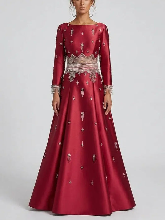 Embellished Satin Long Sleeve Top and A-Line Skirt Set - S / Red - Suits & Sets