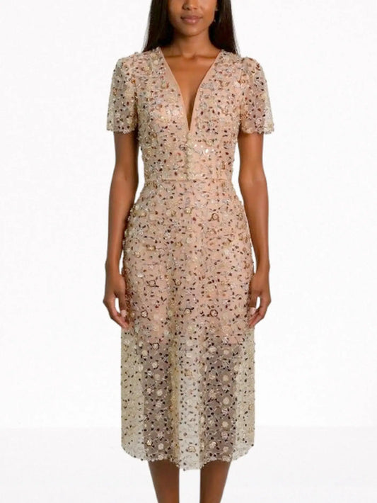 Embellished Semi-Sheer Mesh Midi Dress - S - Dresses