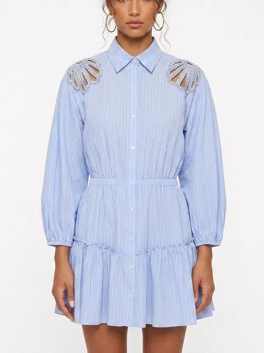 Embellished Shoulder Blue Pinstripe Shirt Dress - Small - Dresses