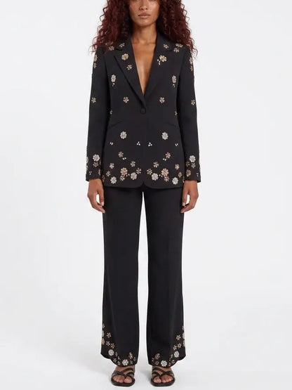 Embellished Single-Breasted Blazer and Pant Suit - S / Black - Suits & Sets