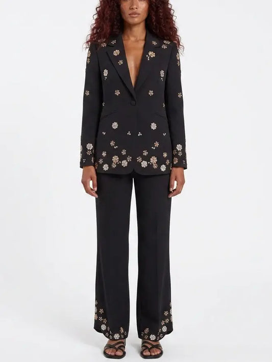 Embellished Single-Breasted Blazer and Pant Suit - S / Black - Suits & Sets