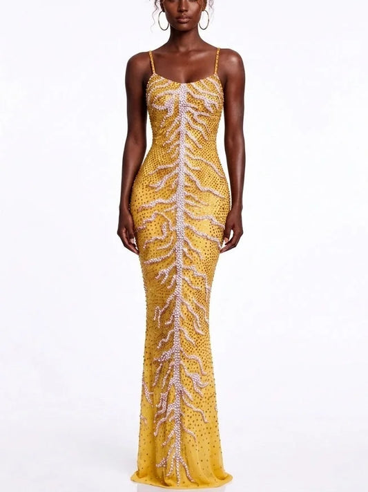 Embellished Spine Pattern Bodycon Maxi Dress - S - Dresses
