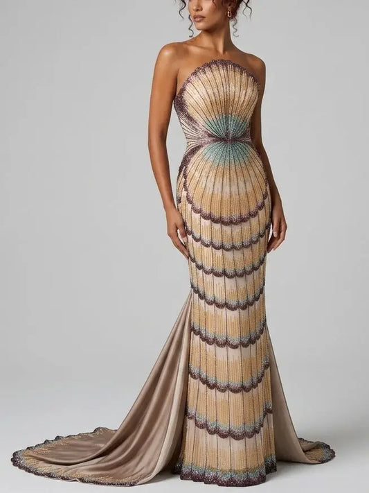 Embellished Strapless Shell Gown with Train - XS - Dresses