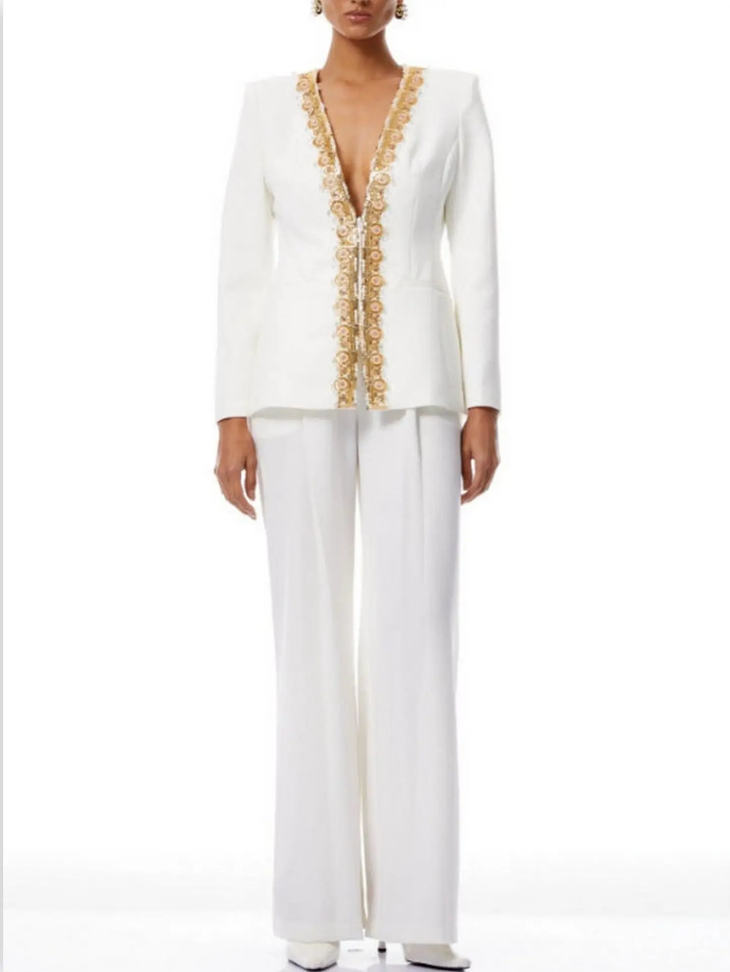 Embellished White Cotton-Blend Pantsuit - S - Suits & Sets