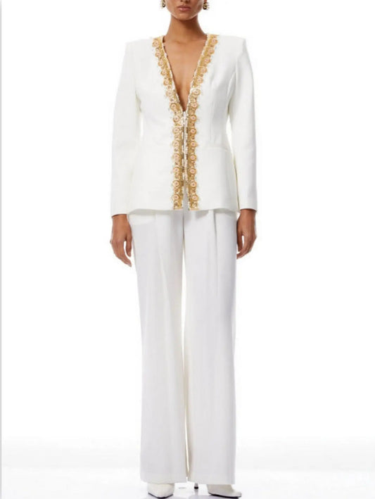 Embellished White Cotton-Blend Pantsuit - S - Suits & Sets