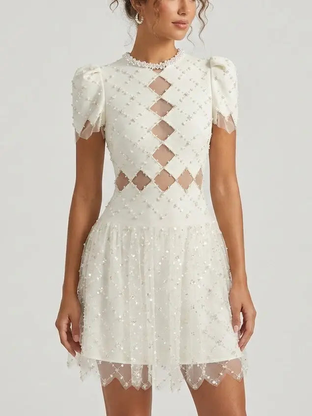Embellished White Mesh Cutout Puff Sleeve Mini Dress - S - Dresses