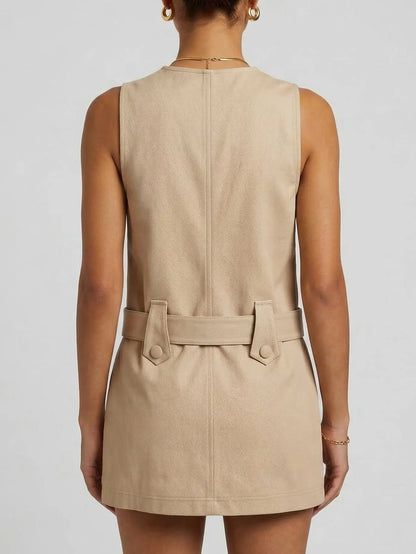 Embellished Belted Utility Mini Dress in Beige Twill - Dresses