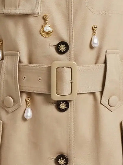 Embellished Belted Utility Mini Dress in Beige Twill - Dresses