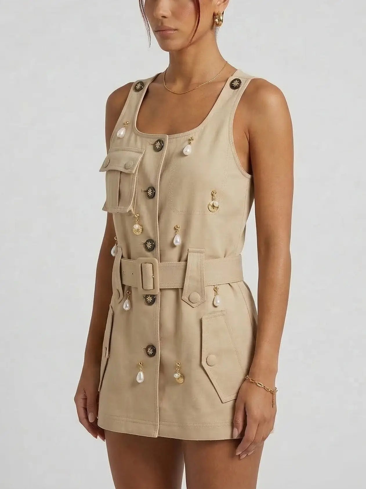 Embellished Belted Utility Mini Dress in Beige Twill - Dresses