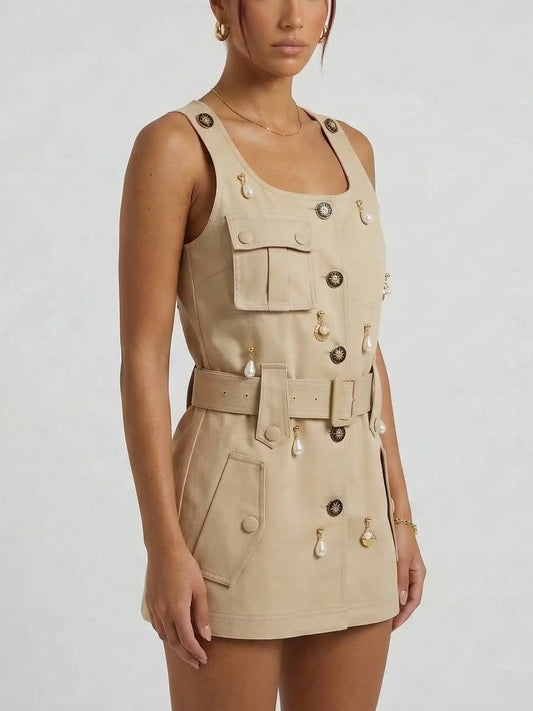 Embellished Belted Utility Mini Dress in Beige Twill - Dresses