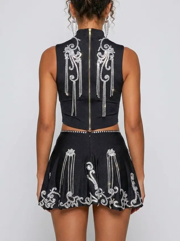 Embellished Black Crop Top and Mini Skirt Set - Suits & Sets