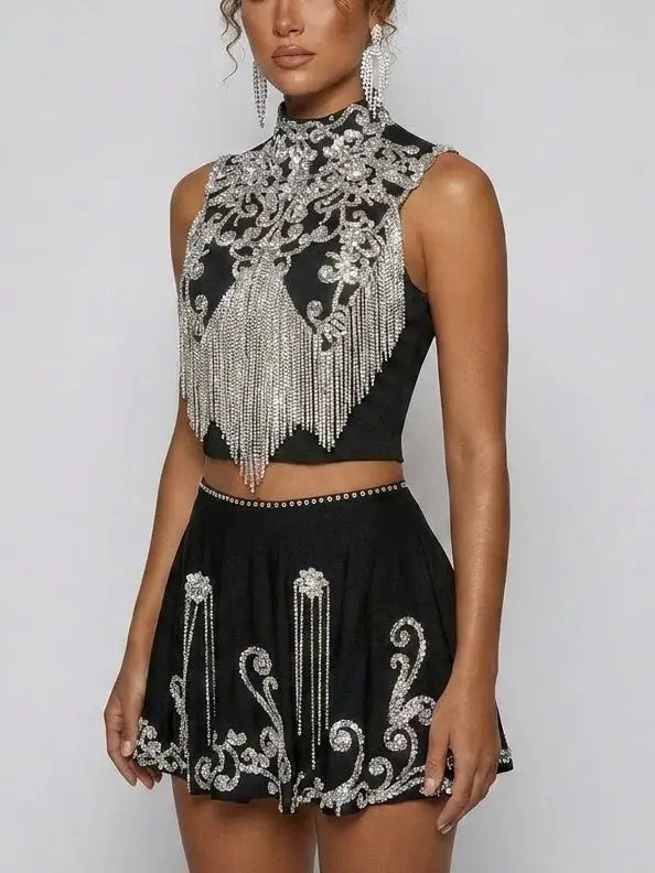 Embellished Black Crop Top and Mini Skirt Set - Suits & Sets