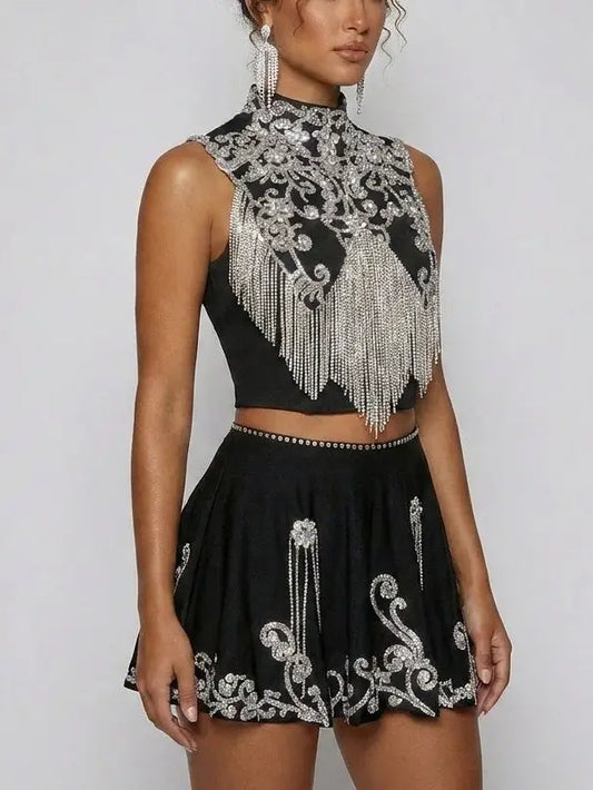 Embellished Black Crop Top and Mini Skirt Set - Suits & Sets