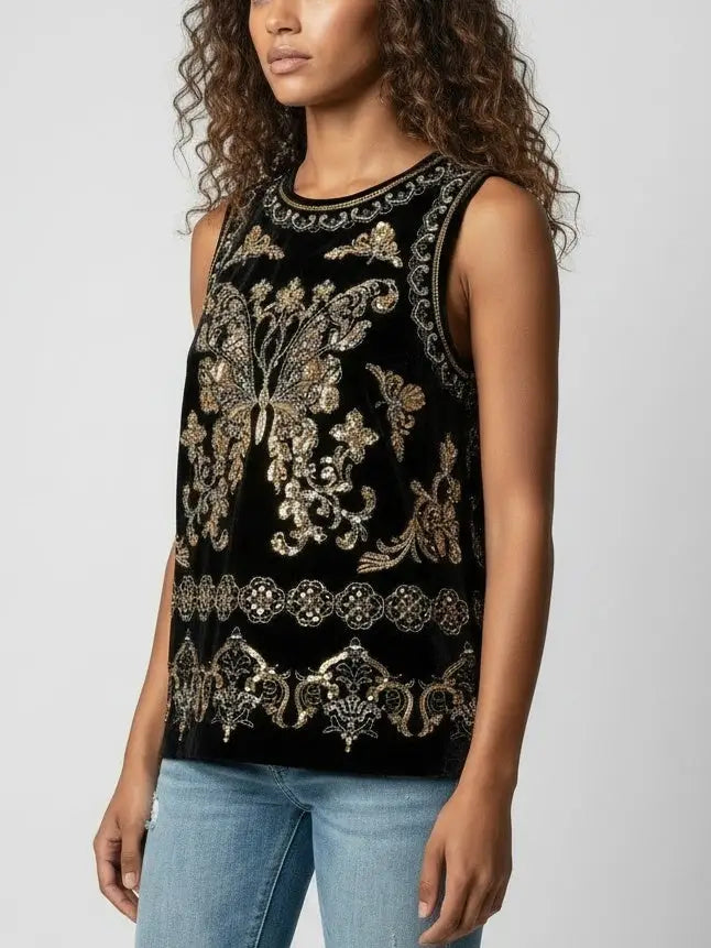 Embellished Black Velvet Tank Top - Tops
