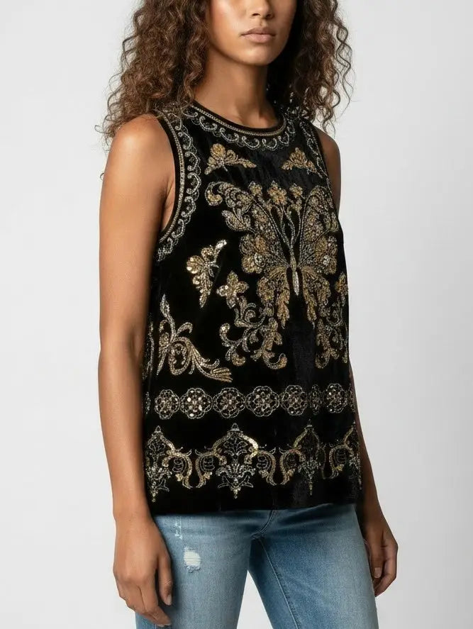 Embellished Black Velvet Tank Top - Tops
