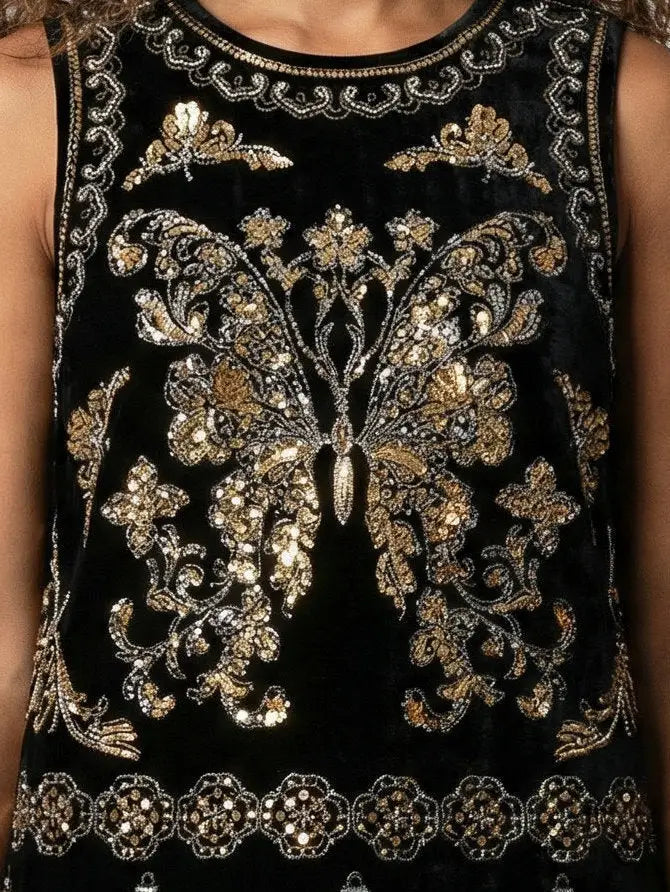 Embellished Black Velvet Tank Top - Tops