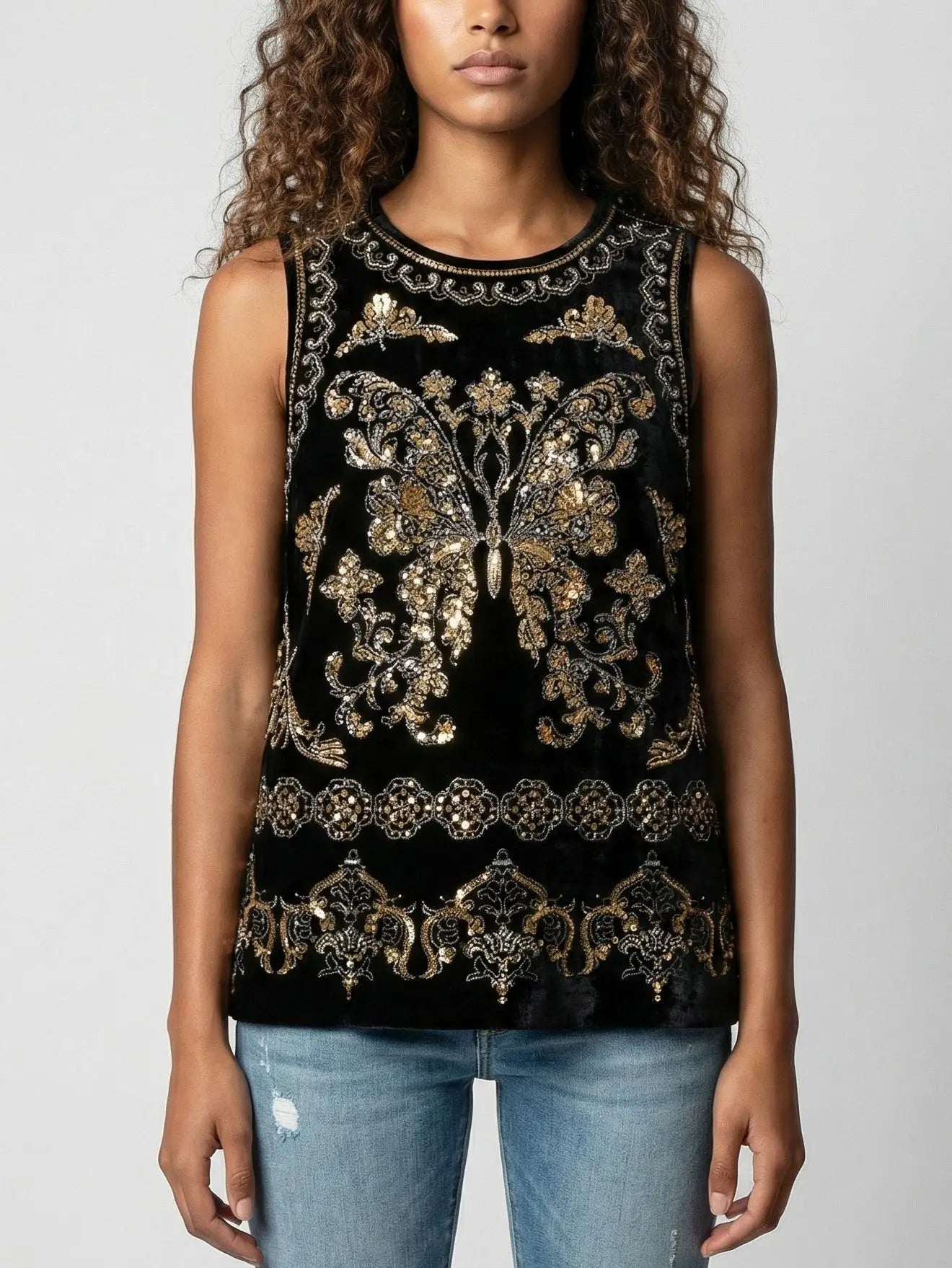 Embellished Black Velvet Tank Top - Tops