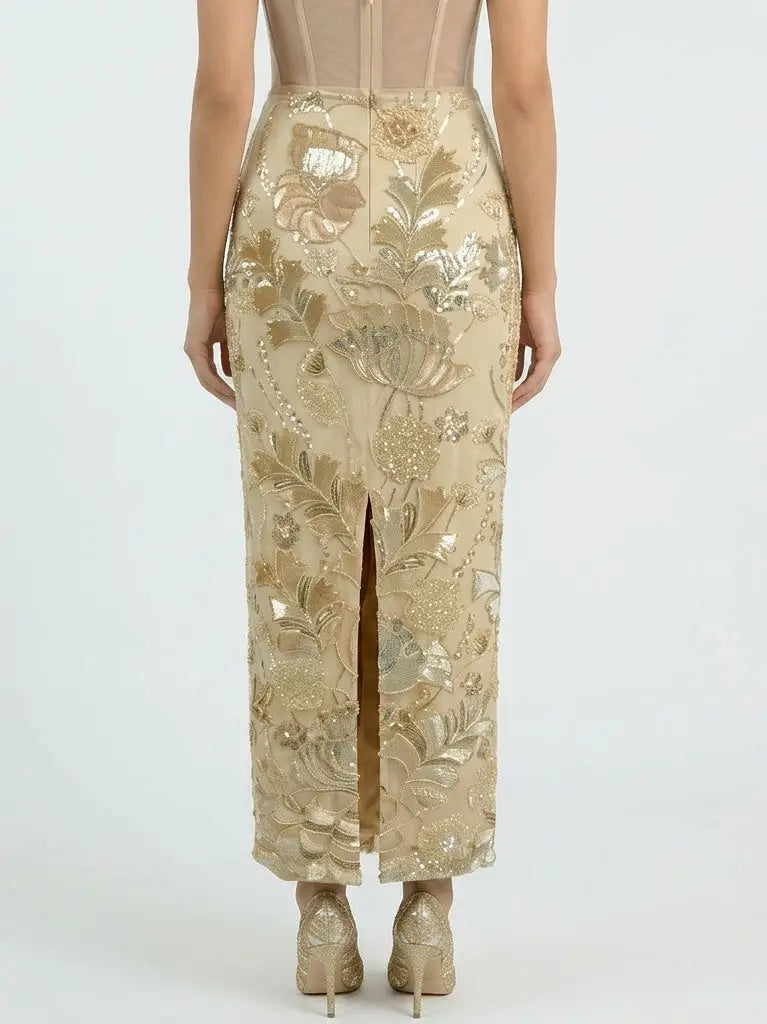 Embellished Botanical Maxi Pencil Skirt - Skirts