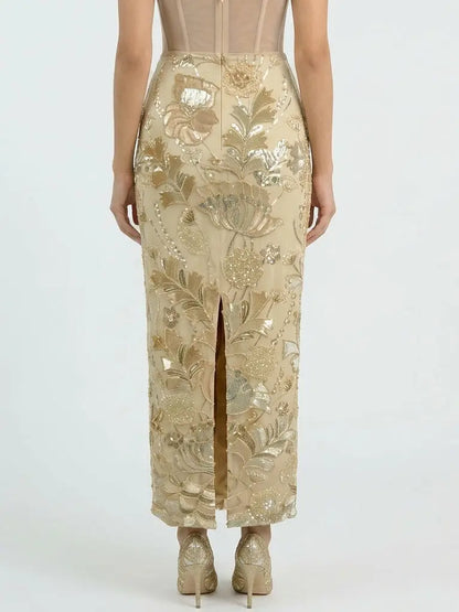 Embellished Botanical Maxi Pencil Skirt - Skirts