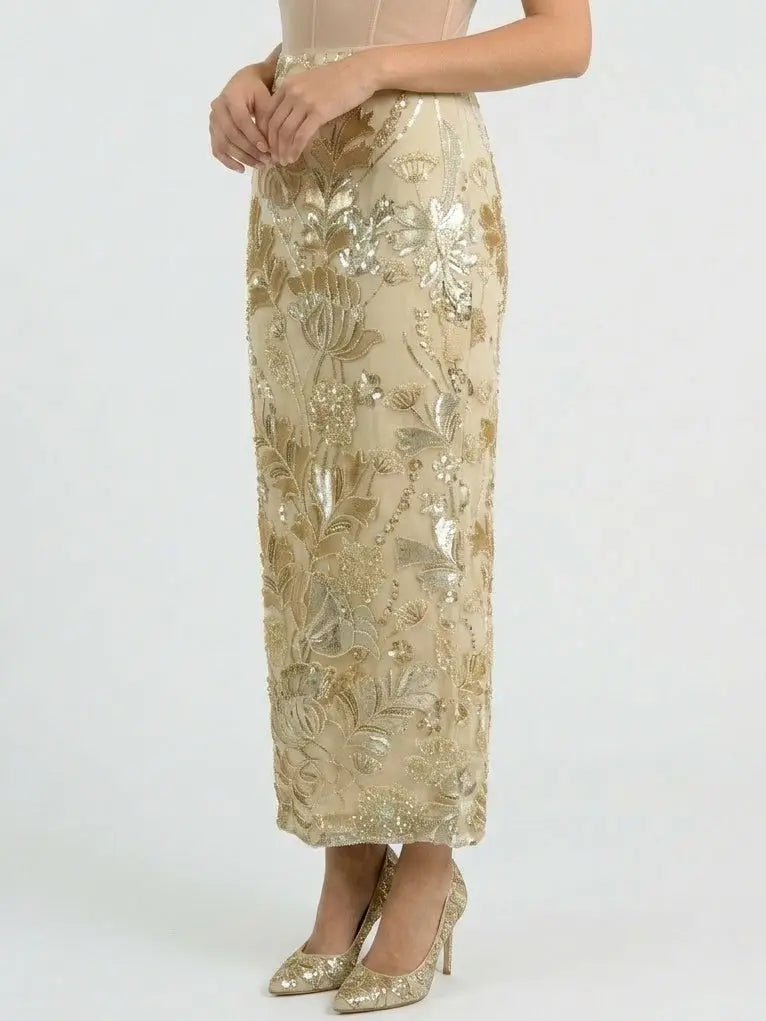 Embellished Botanical Maxi Pencil Skirt - Skirts