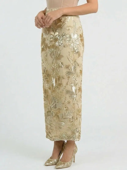Embellished Botanical Maxi Pencil Skirt - Skirts