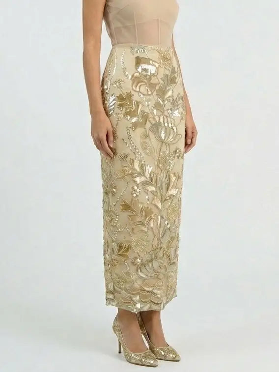Embellished Botanical Maxi Pencil Skirt - Skirts