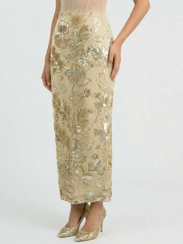 Embellished Botanical Maxi Pencil Skirt - Skirts