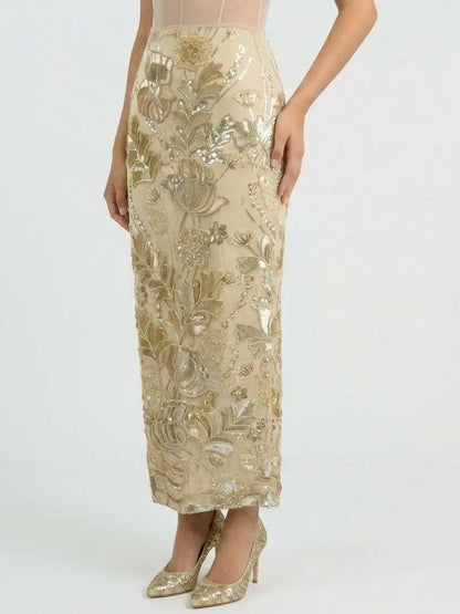 Embellished Botanical Maxi Pencil Skirt - Skirts