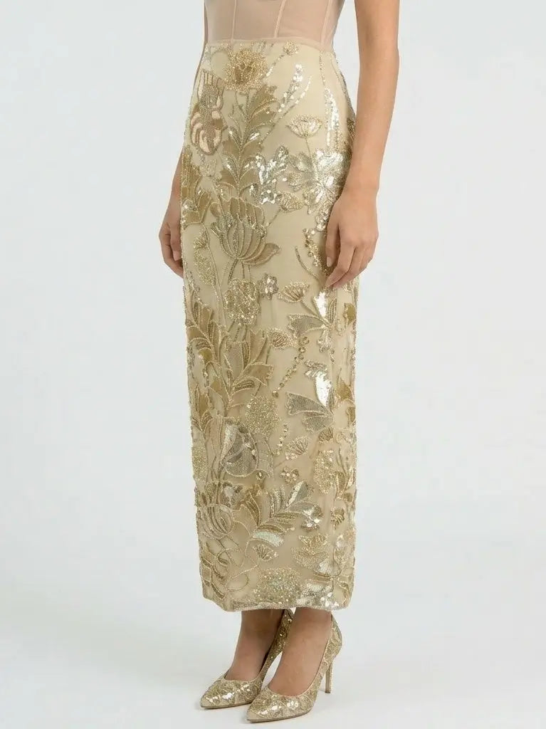Embellished Botanical Maxi Pencil Skirt - Skirts