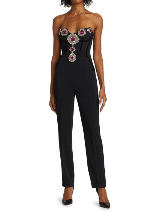 Embellished Bustier-Corset Style Black Strapless Jumpsuit - Branna Couture