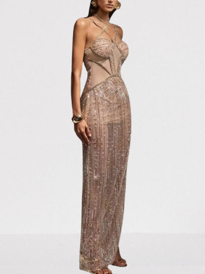 Embellished Bustier Halter Maxi Dress in Beige - Dresses