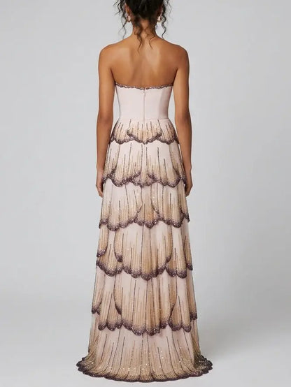 Embellished Butterfly Wing Evening Gown - Dresses