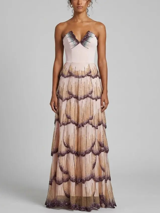 Embellished Butterfly Wing Evening Gown - Dresses