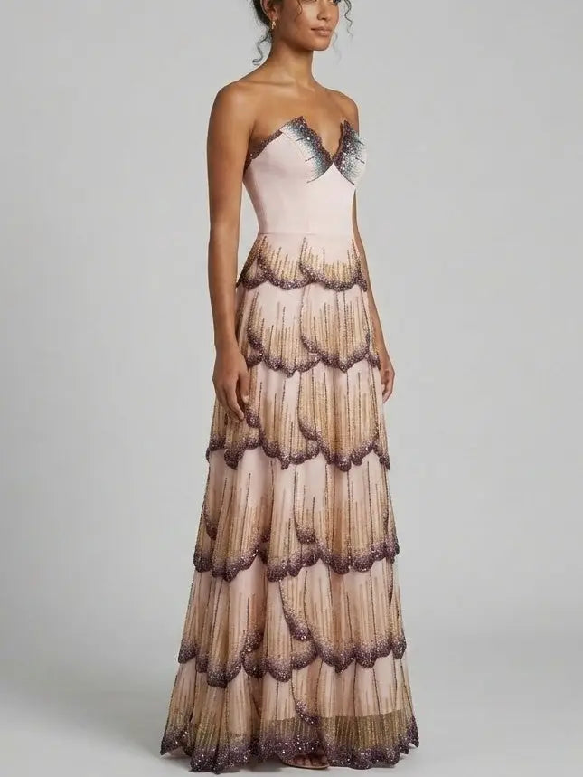 Embellished Butterfly Wing Evening Gown - Dresses