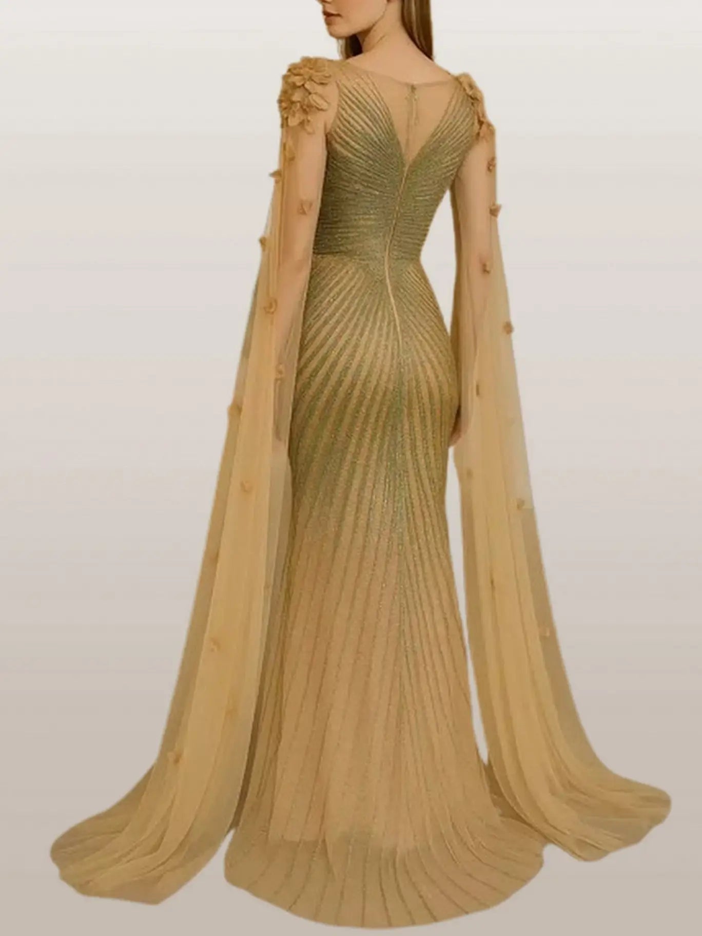 Embellished Cape-Sleeve Floral Applique Gown - Dresses