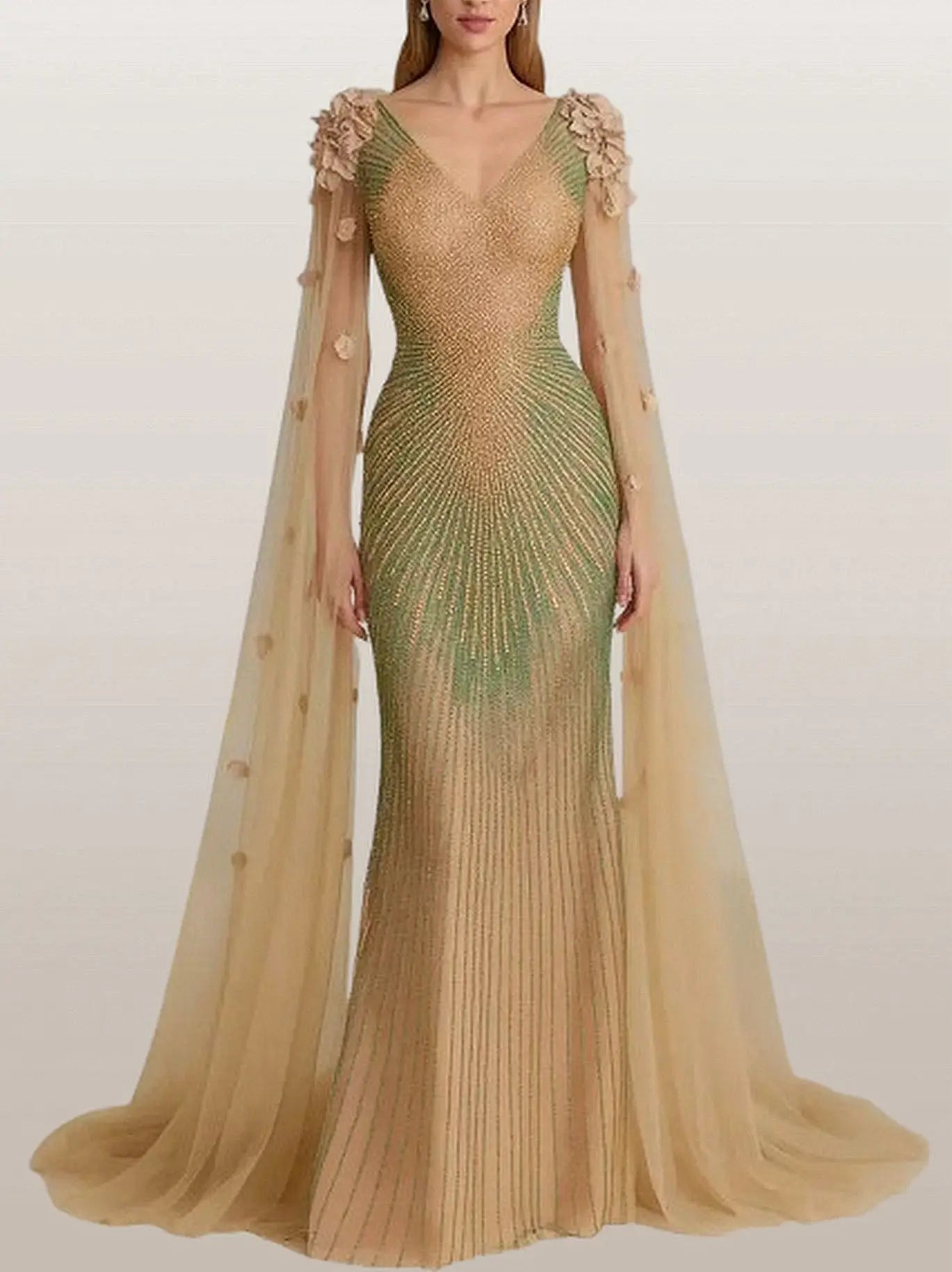 Embellished Cape-Sleeve Floral Applique Gown - Dresses