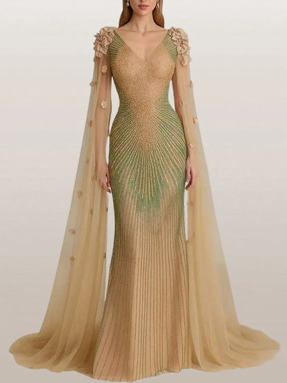 Embellished Cape-Sleeve Floral Applique Gown - Dresses