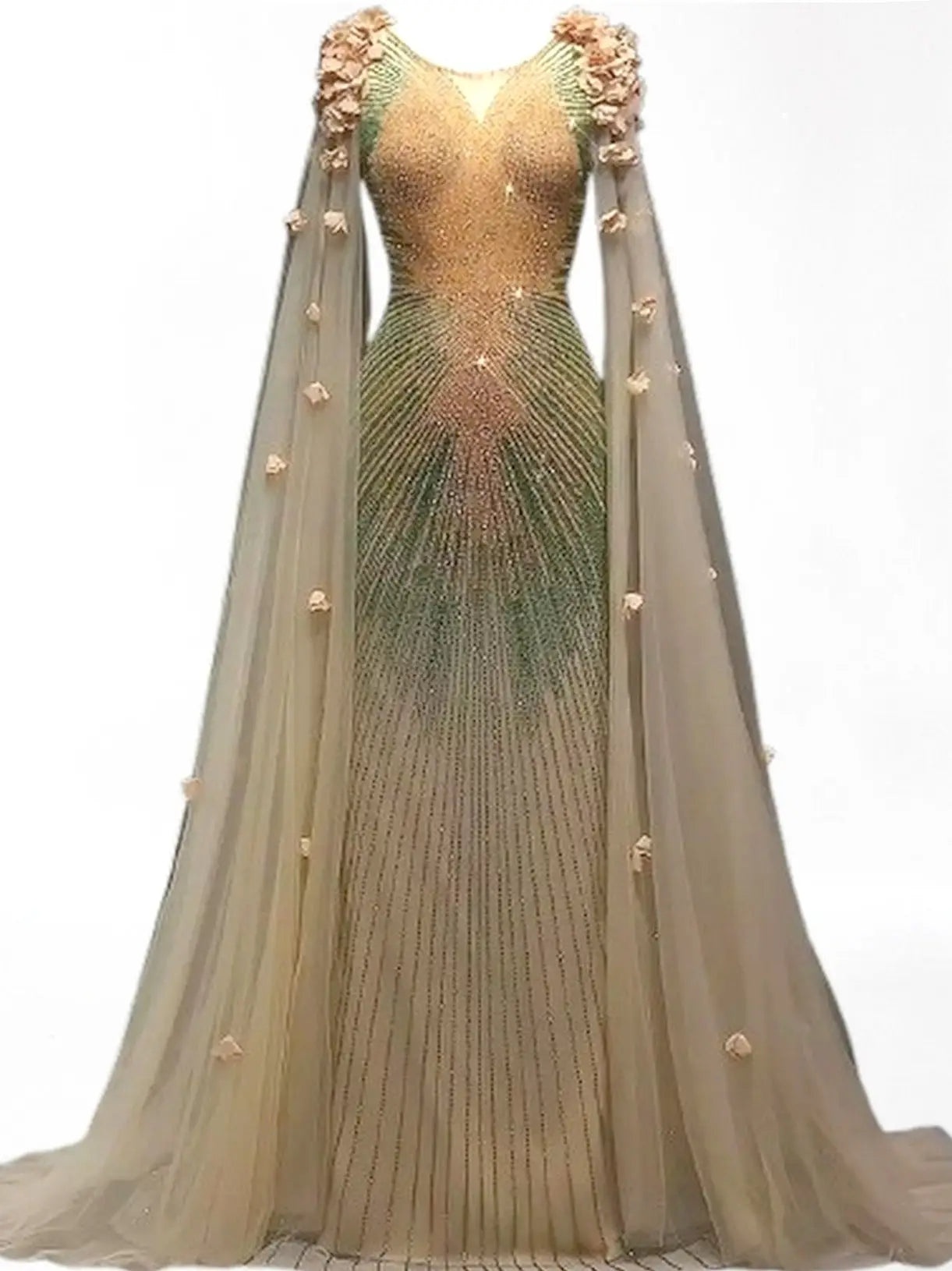 Embellished Cape-Sleeve Floral Applique Gown - Dresses