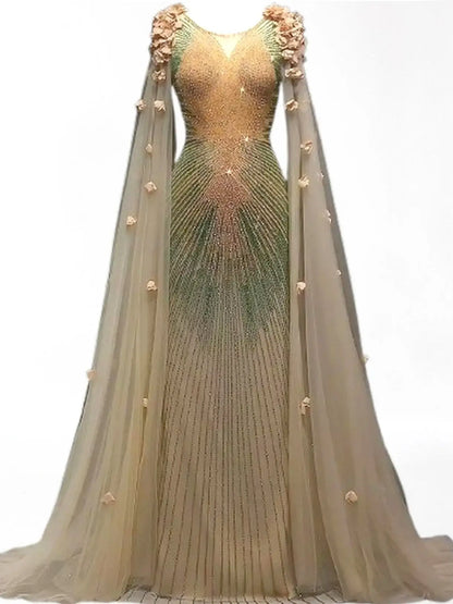 Embellished Cape-Sleeve Floral Applique Gown - Dresses