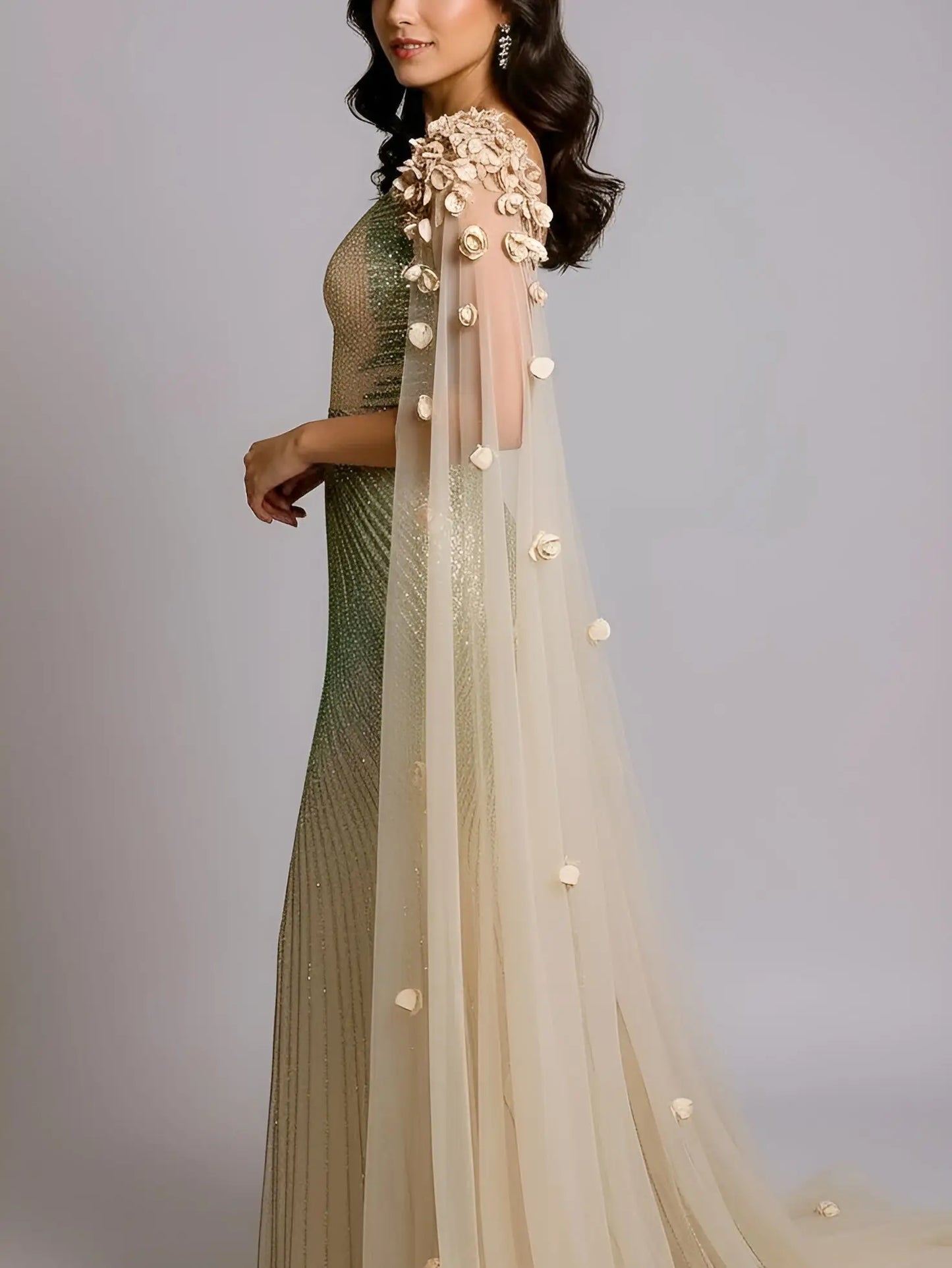 Embellished Cape-Sleeve Floral Applique Gown - Dresses