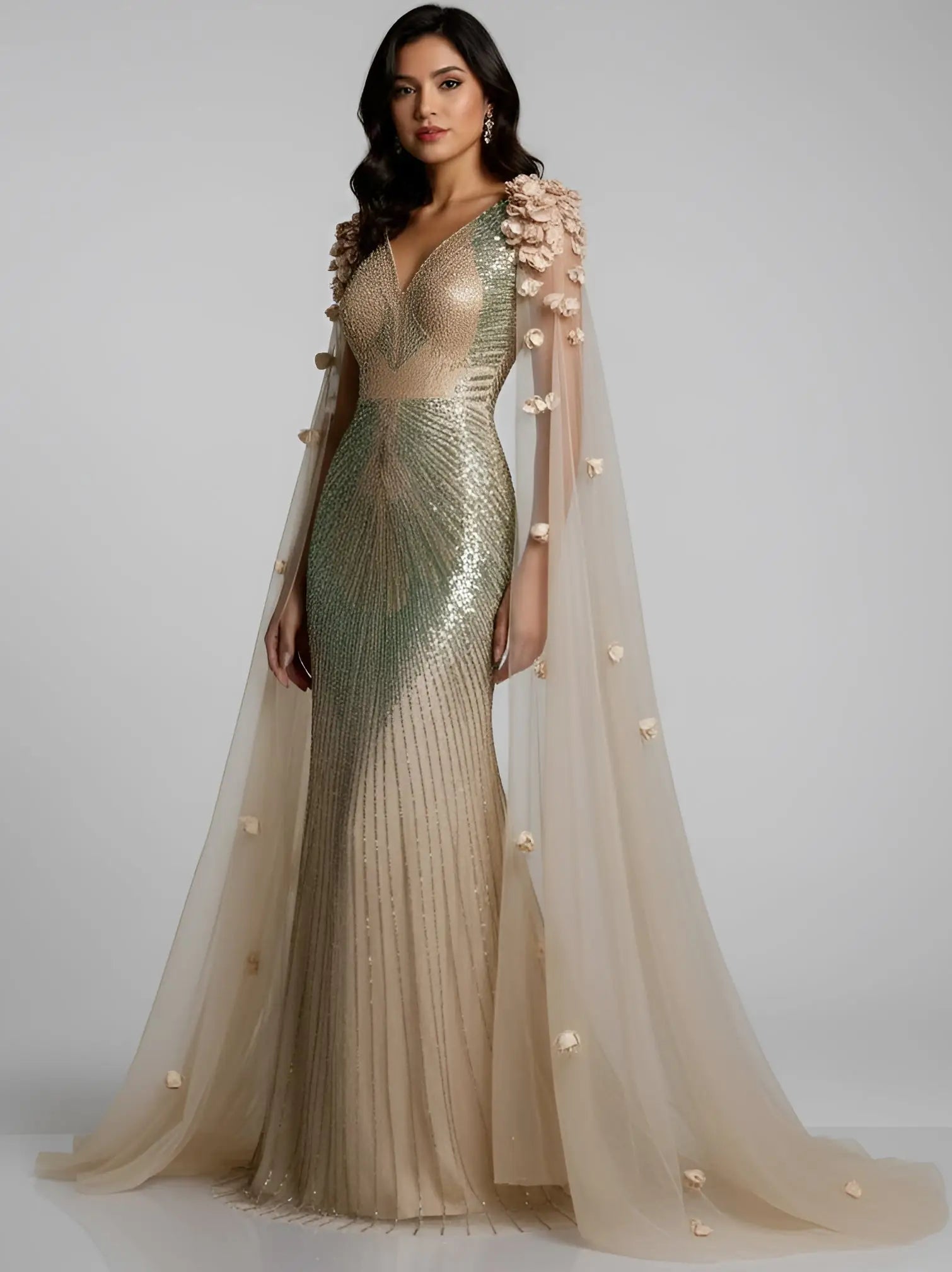 Embellished Cape-Sleeve Floral Applique Gown - Dresses