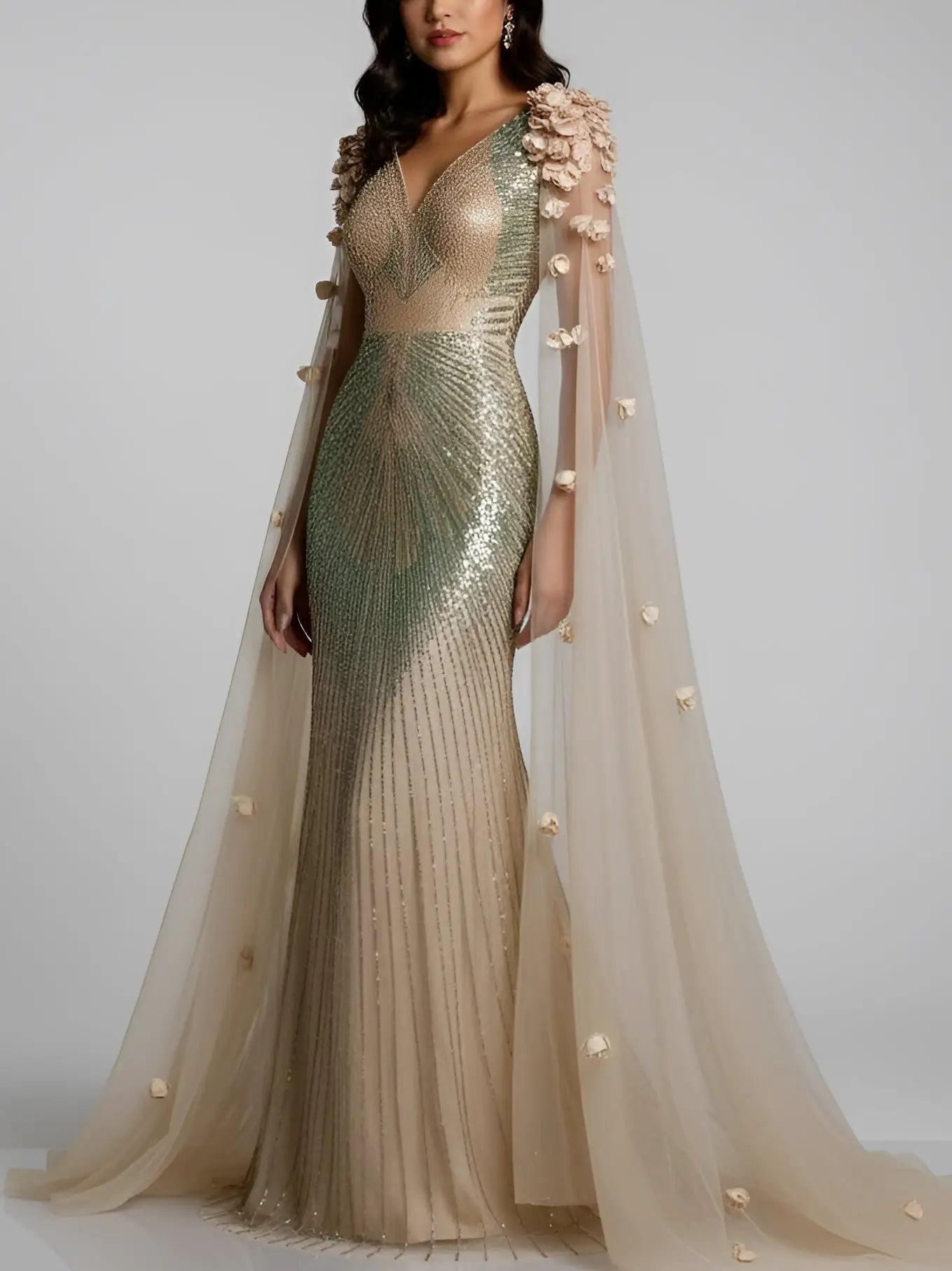 Embellished Cape-Sleeve Floral Applique Gown - Dresses