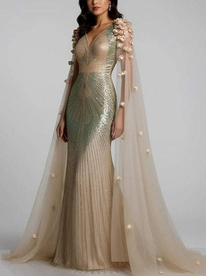 Embellished Cape-Sleeve Floral Applique Gown - Dresses