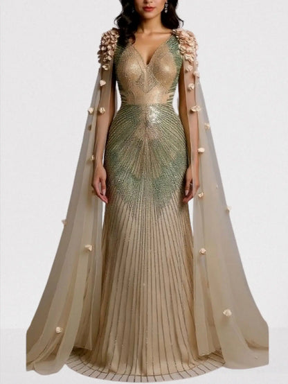 Embellished Cape-Sleeve Floral Applique Gown - Dresses