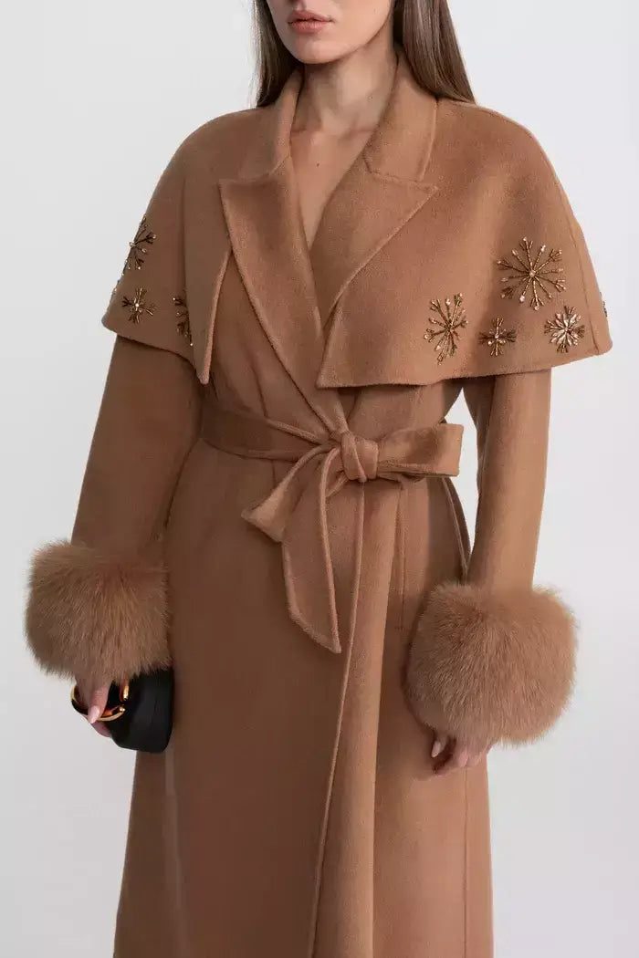 Embellished Cashmere-Blend Coat with Fox Fur Trim - Coats