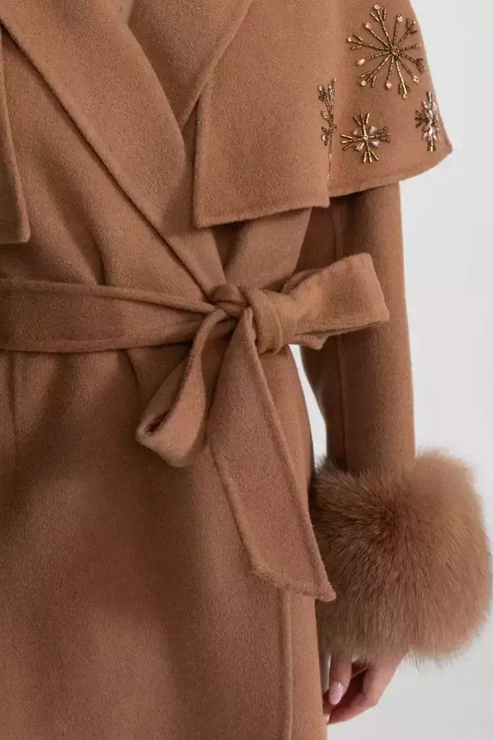 Embellished Cashmere-Blend Coat with Fox Fur Trim - Coats