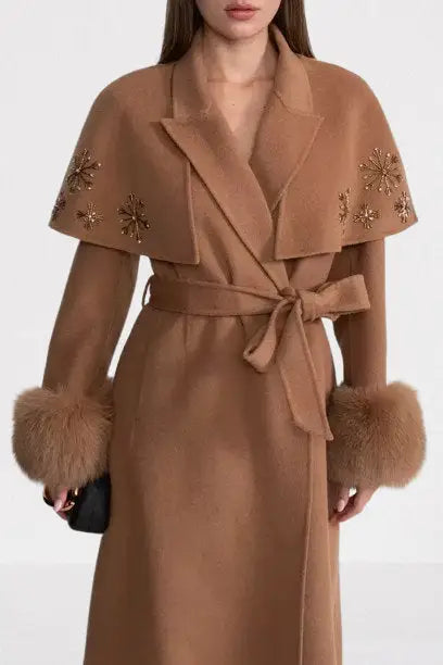 Embellished Cashmere-Blend Coat with Fox Fur Trim - Coats