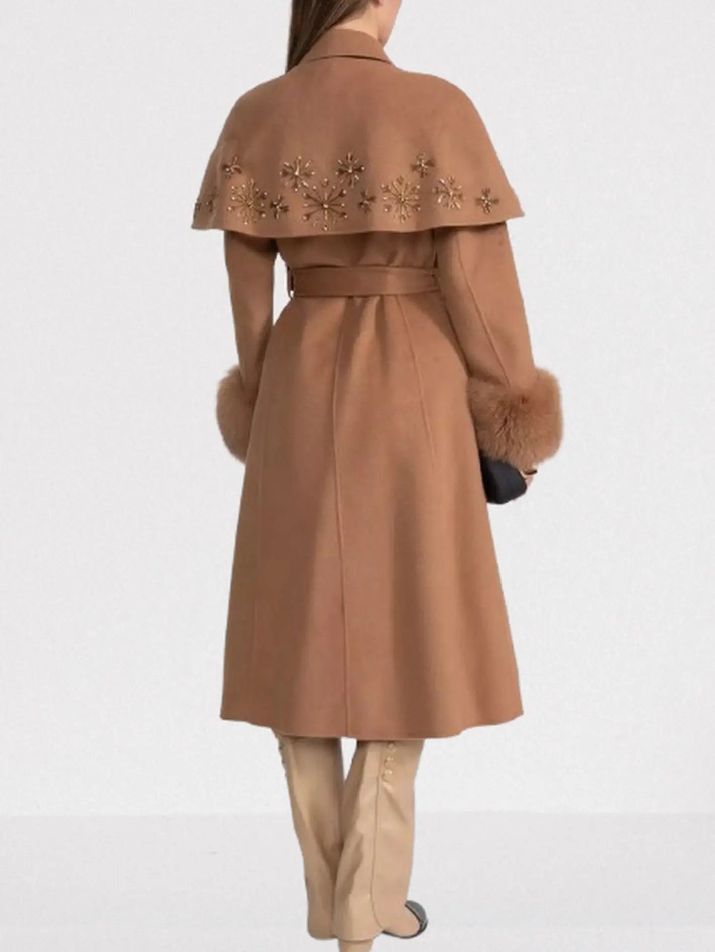 Embellished Cashmere-Blend Coat with Fox Fur Trim - Coats