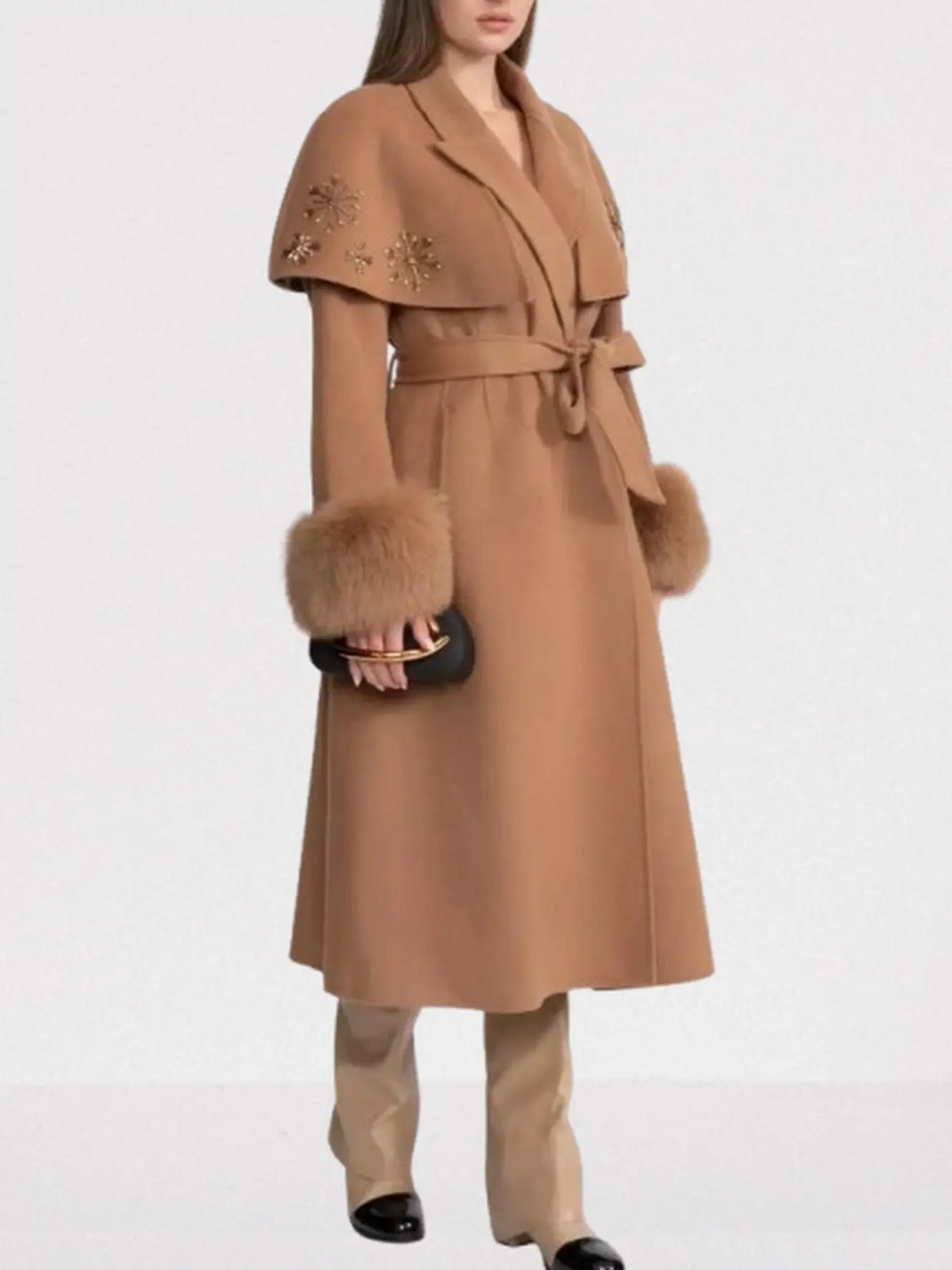 Embellished Cashmere-Blend Coat with Fox Fur Trim - Coats