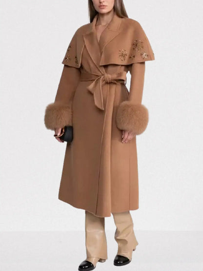 Embellished Cashmere-Blend Coat with Fox Fur Trim - Coats